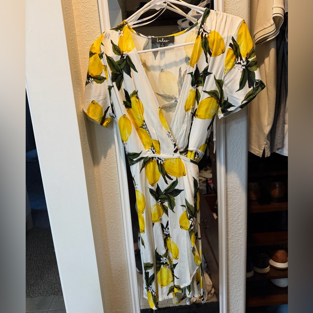 Lulu's White Wrap Midi Dress with Yellow Lemon Print